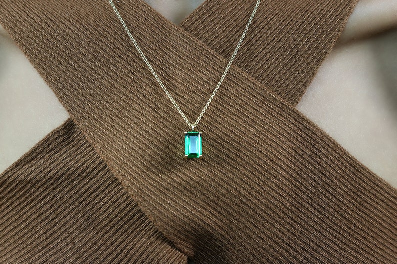 18k Emerald Stone Necklace May Birthstone Pendant Necklace Gold Emerald Necklace Emerald Cut Necklace image 3