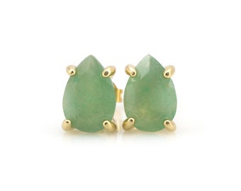Green Aventurine Earrings · Stud Earrings · Vermeil Earrings · 24k Gold Earrings · 18k Solid Gold Earrings · Pear Gemstone Earrings