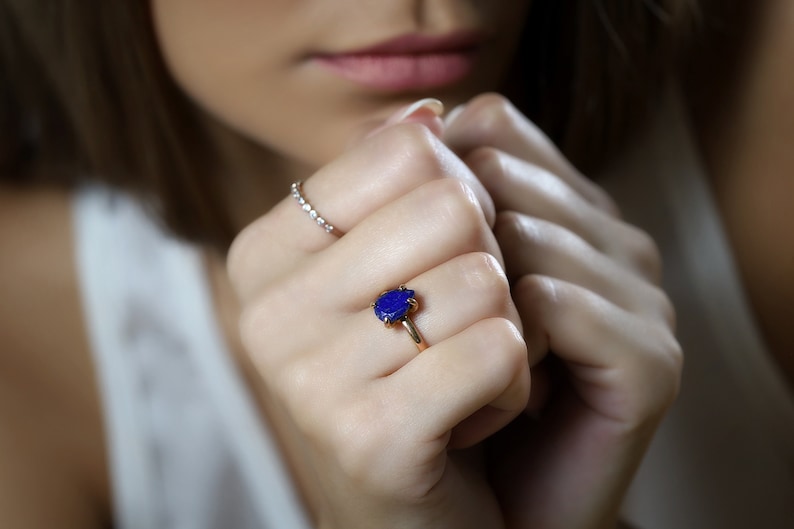 Pink Gold Lapis Ring Teardrop Ring Gemstone Ring Birthstone Ring Promise Ring Engagement Ring Rose Gold Ring Lapis Lazuli Ring image 1