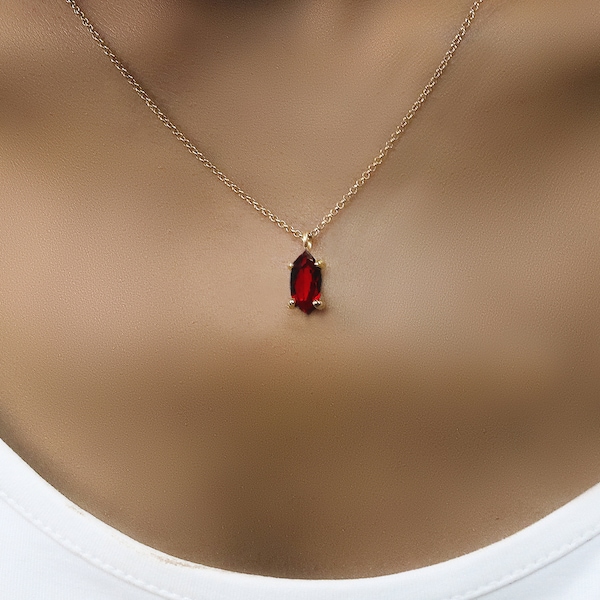 Marquise Shape Garnet Pendant · Solid Gold Bridal Gemstone Necklace · Dainty Minimalist Pendant Garnet · Long Delicate Pendant Necklace