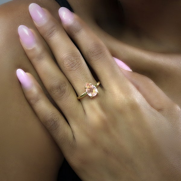 Breathtaking 14k Morganite Pear Ring · Morganite Gold Ring 18k · Gold December Birthstone Ring · Peach Stone Ring For Women