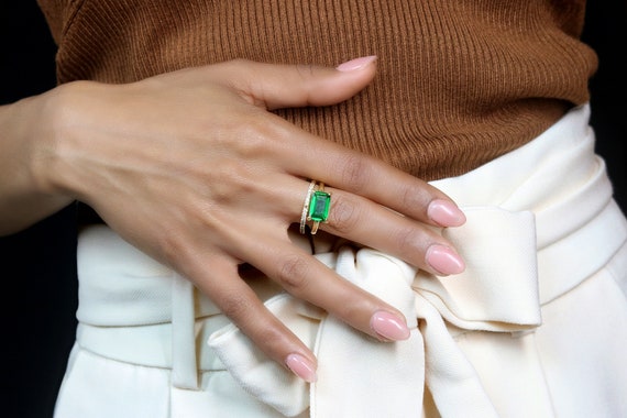 Gold Solitaire Engagement Emerald Ring · Rectangle Emerald Ring · 24k Solid Gold Ring · Proposal Ring Emerald Band · May Birthstone Ring