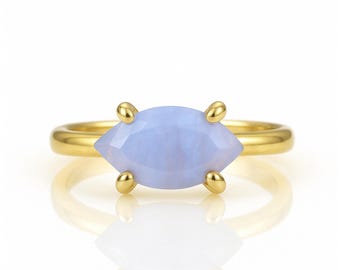 Marquise Cut Agate Ring · Solitaire Handmade Rings · 14k Solid Gold Gemstone Ring · Blue Lace Agate Ring For Women