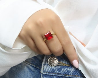 Ruby Ring · Gold Ring · Gemstone Ring · July Birthstone Ring · Square Ring · Prong Setting Ring · Delicate Stone Ring