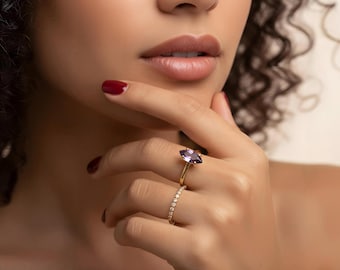 Vertical Marquise Amethyst Ring · Gold & Purple Gemstone Ring · 18k Gold Stack Ring · 18k February Birthstone Ring · Gold Engagement Ring