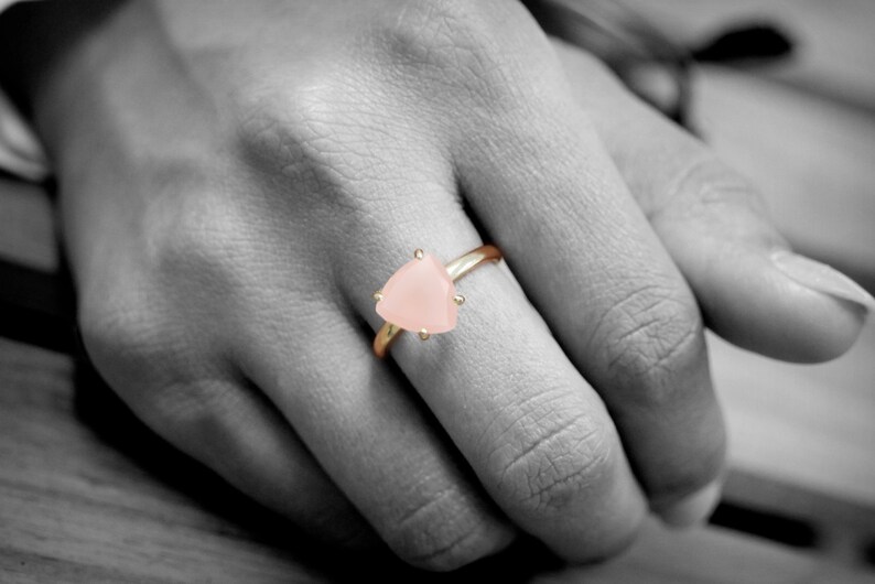 14k gold trillion ring,pink chalcedony ring,triangle ring,gold ring,gold filled ring,custom rings,engraved ring,prong ring