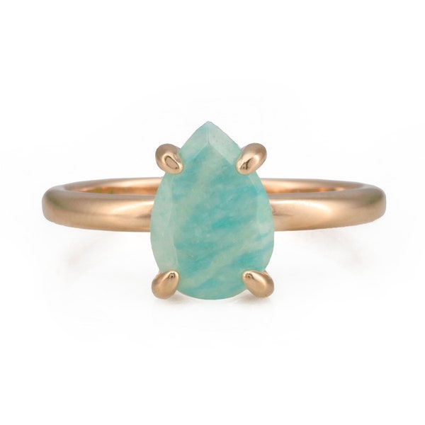 Cocktail Amazonite Ring · Rose Gold Solitaire Ring · Pear Gemstone Ring · Gold Handmade Ring · Amazonite Stack Ring For Women