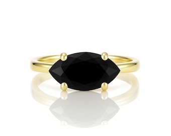 Black Marquise Cut Onyx Ring · Solitaire Marquise Ring  · 18k Gold Black Onyx Stack Ring For Women · Delicate Gemstone Rings