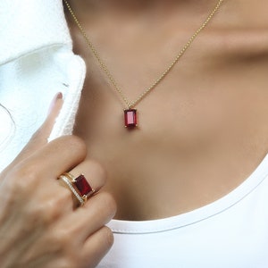 Rare & Classic Ruby Necklace 18k Gold July Birthstone Necklace July Birthstone Pendant Rectangle Ruby Necklace For Women image 1