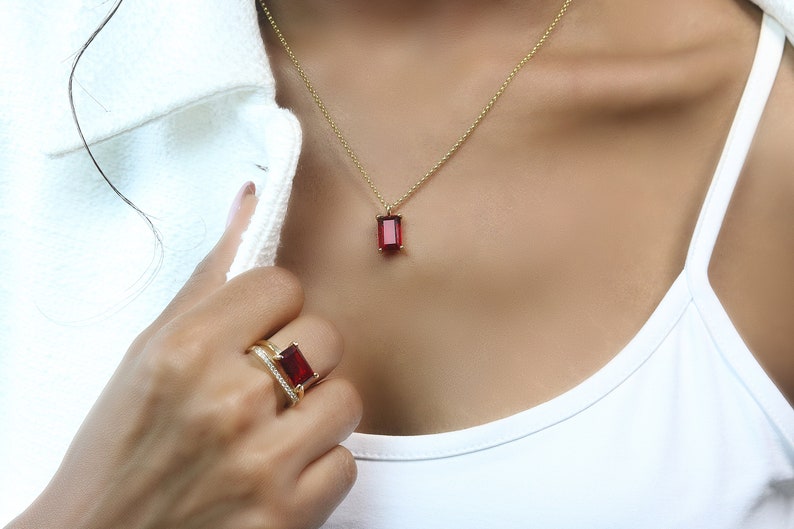 Rare & Classic Ruby Necklace 18k Gold July Birthstone Necklace July Birthstone Pendant Rectangle Ruby Necklace For Women image 1