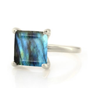 New Labradorite Gemstone Ring · Square Stone Sterling Silver Ring · Engagement Ring Labradorite · Solitaire Cocktail Gemstone Ring