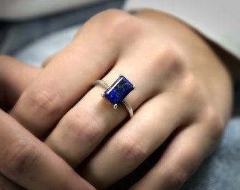 Sterling Silver Lapis Ring · September Birthstone Ring · 925 Rectangle Ring · Wedding Ring · Thin Band Ring · Navy Blue Ring
