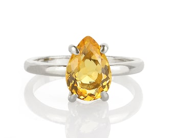 November Birthstone Ring Citrine · Pear Shape Silver Gemstone Ring · Simple Engagement Ring Gemstone · Orange Yellow Stone Ring