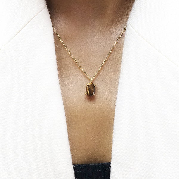 Oval Tiger Eye Necklace · Genuine Semiprecious Tiger's Eye Pendant · 14k Gold Filled Necklace  · Long Prong Pendant Necklace