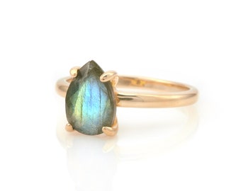 18k Pink Rose Gold Ring · Fine Gold Labradorite Ring · Pear Cut Gemstone Ring · Pink Gold Ring · Stackable Teardrop Ring