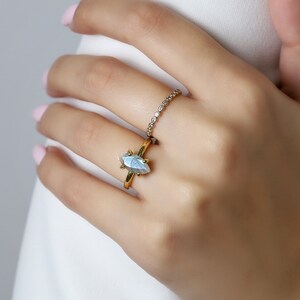 Puede incluir: Un anillo de oro con una piedra preciosa azul claro en forma de marquesa. Encima, un anillo m&aacute;s peque&ntilde;o con piedras transparentes. Los anillos est&aacute;n en una mano con esmalte de u&ntilde;as rosa, sobre un fondo blanco.