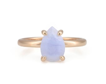 18k Solid Rose Gold Ring · Blue Lace Agate Ring · Agate Pear Ring For Women · Semiprecious Ring Gold Vermeil