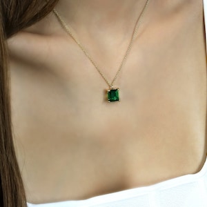Square Emerald Necklace · May Birthstone Necklace · 14k Yellow Gold Dainty Pendant · Emerald Crystal Necklace