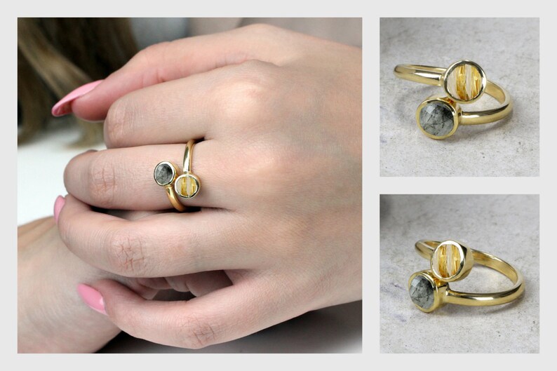 Multistone rutilated quartz ring,gemstone ring,semiprecious ring,gold ring,rose gold ring,solid gold ring,stacking ring
