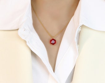 Elegant Ruby Pendant Necklace · 18k Gold Necklace · July Birthstone Necklace Gold · Hexagon Pendant Gemstone