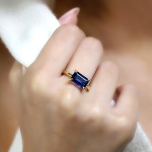 Horizontal Sapphire Rectangle Ring · September Birthstone Ring · Blue Sapphire Ring · Solid Gold Engagement Ring Sapphire For Women