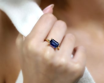 Horizontal Sapphire Rectangle Ring · September Birthstone Ring · Blue Sapphire Ring · Solid Gold Engagement Ring Sapphire For Women