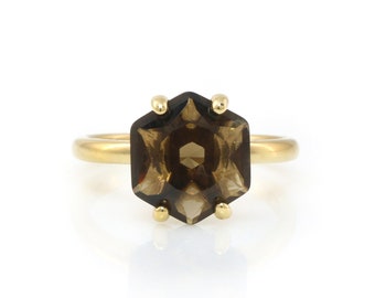 Brown Smoky Quartz Engagement Ring · Hexagon Cut Gemstone Jewelry · Engraved Promise Ring · Custom Gemstone Ring
