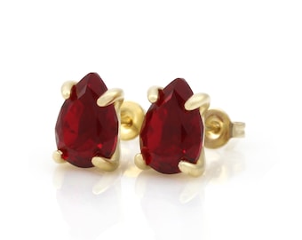 Gold January Birthstone Earrings · Garnet Gemstone Earrings · Pear Shape Stone Earrings · 18k Gold Garnet Stud Earrings