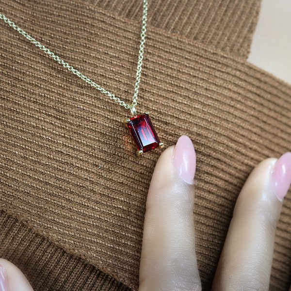 Rectangular Garnet Pendant · January Birthstone Necklace · 14k Solid Gold Gemstone Pendant · Semiprecious Necklaces For Women