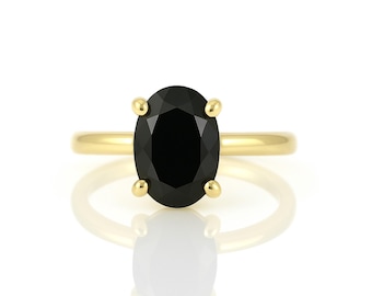 Black Onyx Solitaire Ring · Everyday Gold Filled Ring · Thick Single Band Gemstone Ring · Oval Cut Black Stone Ring · 24k Gold Ring