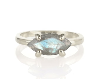 Sterling Silver Engagement Ring · Labradorite Silver Ring · White Gold Solitaire Ring · Marquise Gemstone Ring · Vintage Labradorite Ring