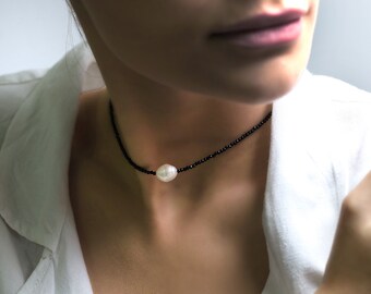 Beaded Spinel Black Necklace · Single Pearl & Beads Necklace · Dainty Bridal Adornment · Ideal Bridesmaid Gift · Gemstone Necklace for Women