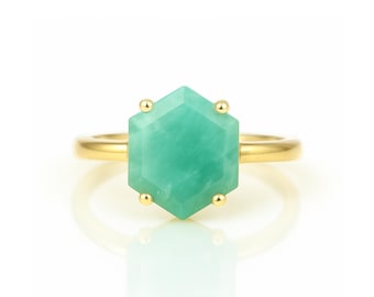 Hexagon Shape Gemstone Ring · 18k Amazonite Ring · Blue Stone Ring For Women · Engraved Stacking Ring For Her
