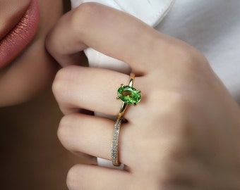 October Birthstone Green Tourmaline Ring · Solitaire Oval Gemstone Ring · Green Prong Setting Ring