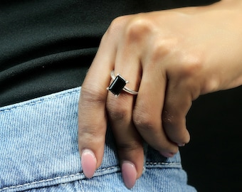 Rectangle Ring · Black Onyx Ring · Unique Rings · Delicate Gemstone Ring · Silver Ring · 925 Silver Stack Ring