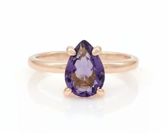 14k Rose Gold Ring · Amethyst Ring · February Birthstone Ring · Teardrop Stone Ring · Purple Ring · Vintage Ring · Stack Ring