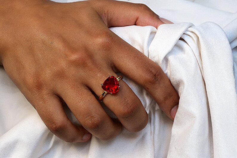 Handmade Ruby Ring · Vintage Ruby Solitaire Ring · Silver Cocktail Ring For Women · Sisters Ring Gift · Triangle Gemstone Ring Silver image 2