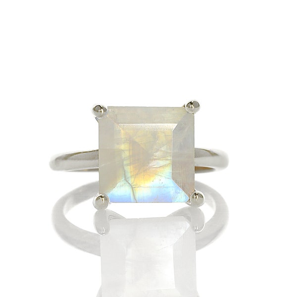 Rainbow Moonstone Ring · Sterling Silver Ring · Gemstone Ring · Prong Setting Ring · Stack Cocktail Ring · Square Stone Ring