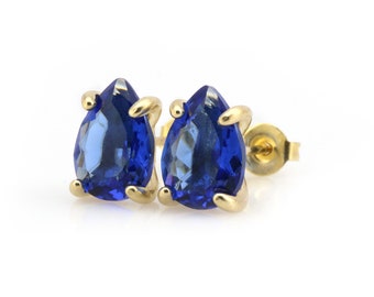 Pendientes de zafiro dorado · Pendientes de zafiro dorado de 18 quilates · Pendientes con piedra de nacimiento de septiembre · Pendientes azul rey · Pendientes con forma de lágrima