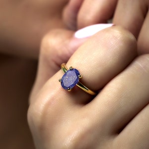 Lapis Oval Gemstone Ring · 14K Gold Stackable Ring · Women's Engagement Ring · Minimalist September Birthstone Ring