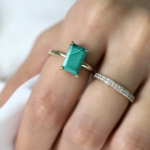 Rectangular Malachite Ring · Emerald Cut Gemstone Ring · Green Ring · Single Band Stacking Ring · Malachite Solitaire Ring