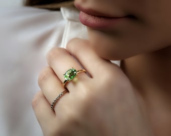 Green Tourmaline Solitaire Ring · 14k Gold Gemstone Ring · Oval Cut Green Ring · October Birthstone Ring · Single Band Ring