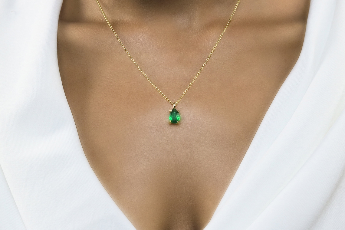 18k Gold Emerald Necklace Emerald Gold Filled Pendant Etsy