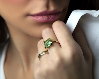 Green Tourmaline Ring · Square Solitaire Ring · October Birthstone Ring for Women · Princess Cut Green Tourmaline Ring