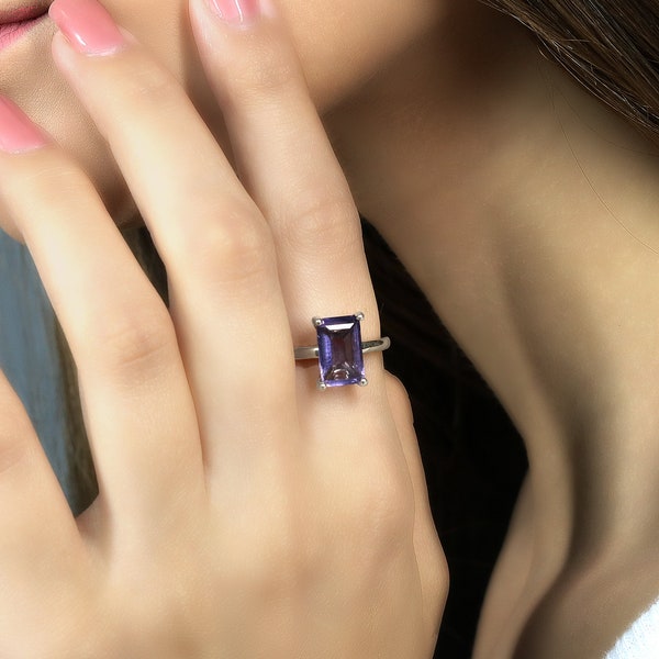 Solitaire Amethyst Ring · 925 Rectangle Ring · Purple Gemstone Ring · Sterling Silver Engagement Ring · Emerald Cut Amethyst Ring