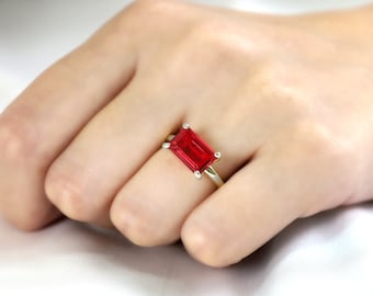 Sterling Silver Crystal Ruby Ring · July Birthstone Gemstone Ring · Silver Ruby Engagement Ring · Rectangle Ruby Ring White Gold
