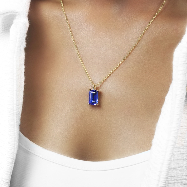 Rectangle Sapphire Pendant · September Birthstone Necklace · Everyday Casual Pendant Necklace · Emerald Cut Pendant