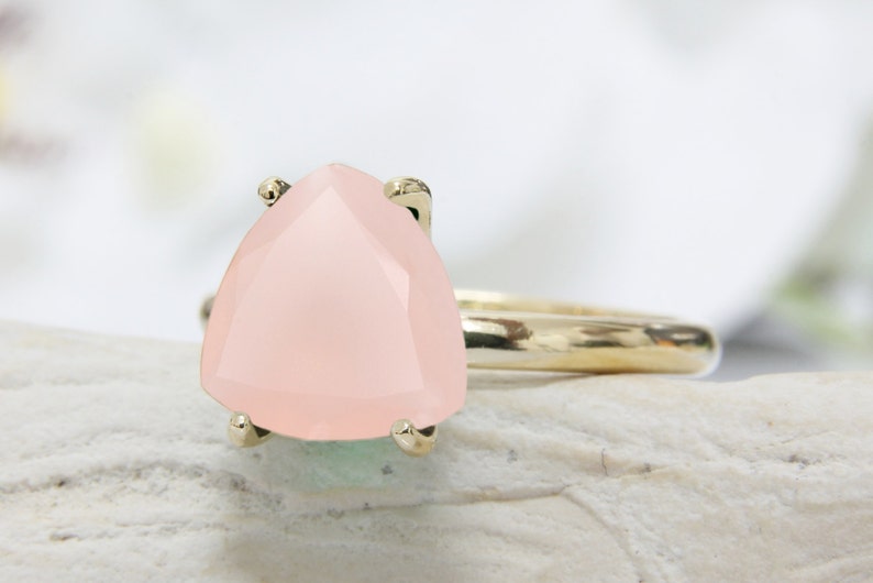 14k gold trillion ring,pink chalcedony ring,triangle ring,gold ring,gold filled ring,custom rings,engraved ring,prong ring