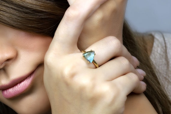 Pink Gold Labradorite Ring · 18k Rose Gold Ring · Red Gold Engagement Ring · Custom Triangle Cut Gem Ring