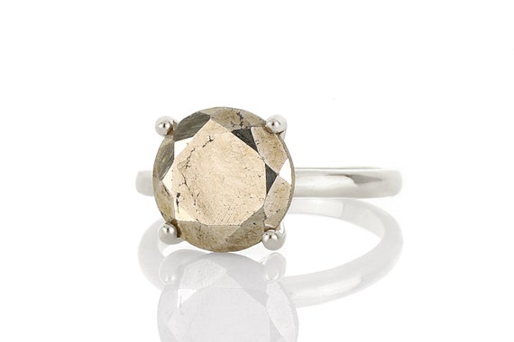 Raw Pyrite Gemstone Ring · Sterling Silver Iron Pyrite Ring · Round Solitaire Ring · White Gold Cocktail Ring